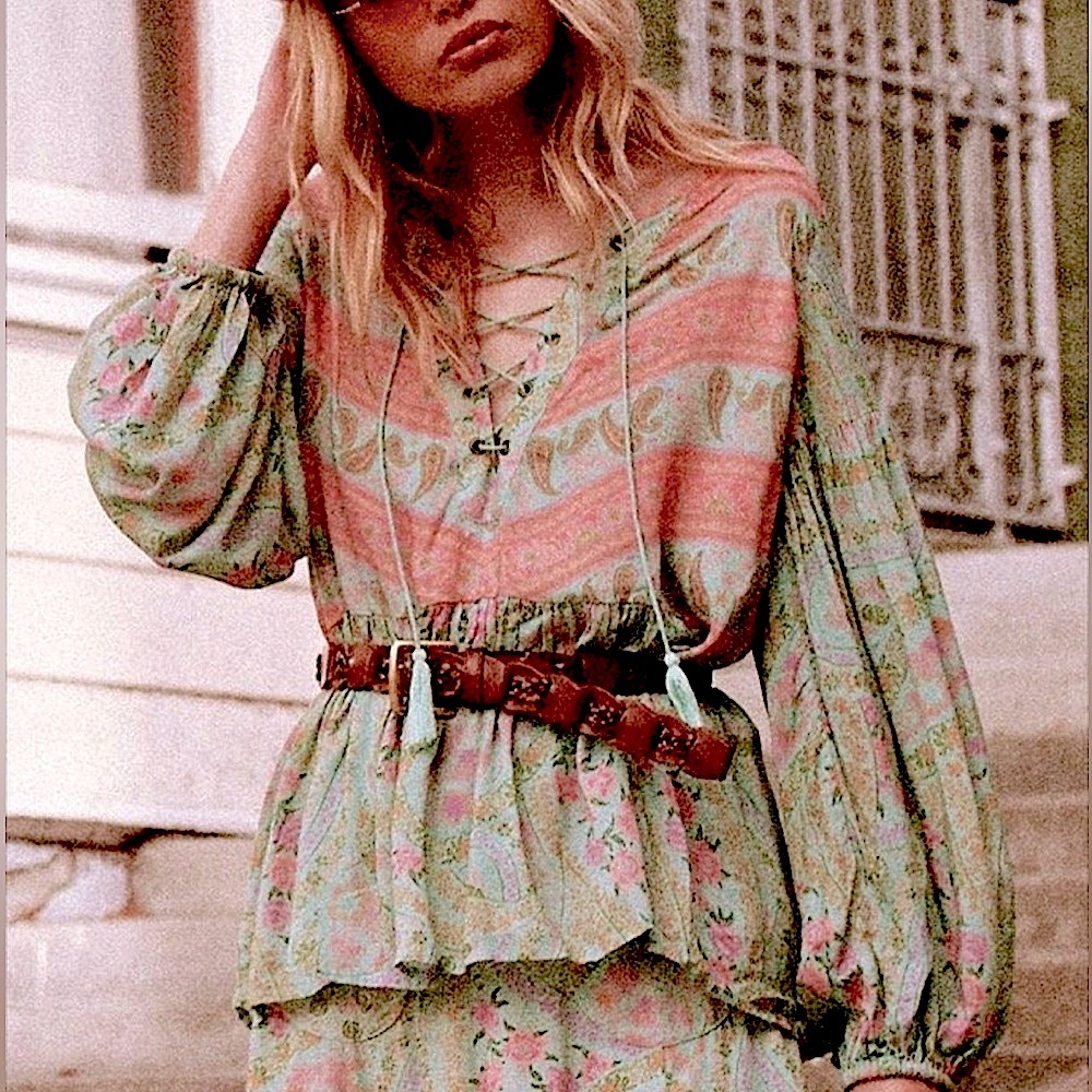 SPELL Long Sleeve Lace-Up City Lights Boho Blouse, NEW